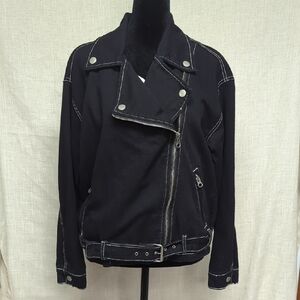 Forever 21 Black and Silver Jean Jacket Asymmetrical Design